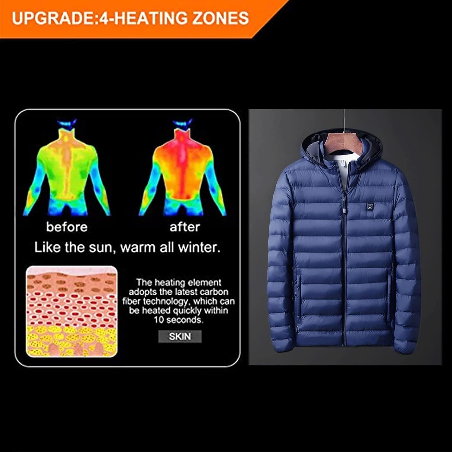 Heated Jacket, Electric Warm Clothing with USB Charging, 3 Heat Settings, Carbon Fiber Heating Zones