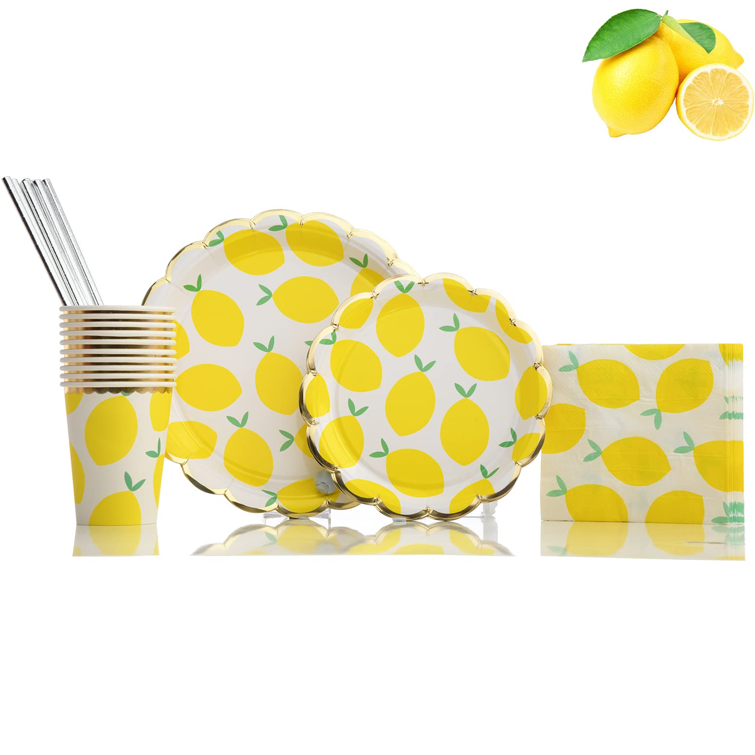 ShashaRS 125 Pieces Disposable Dinnerware Set,Fruit Party Supplies Includes 20 Dinner Plates, 20 Dessert Plates, 20 Cups, 25 Straws & 40 Napkins for Party,Birthday Baby Shower-Serves 20 Guests(Lemon)