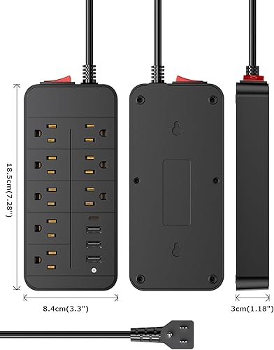 Miniatura 6 de Regleta protectora de sobretensiones, cable de extensión de 6 pies con múltiples salidas y 4 puertos USB (1 USB C PD20W), salida de extensión de