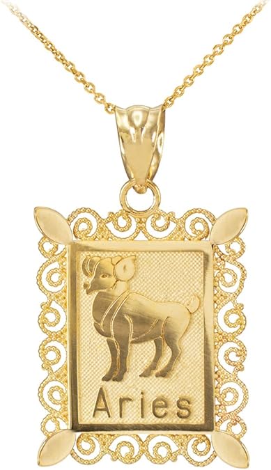 Fine 14k Yellow Gold Filigree-Style Rectangular Frame Aries Zodiac Sign Pendant Necklace