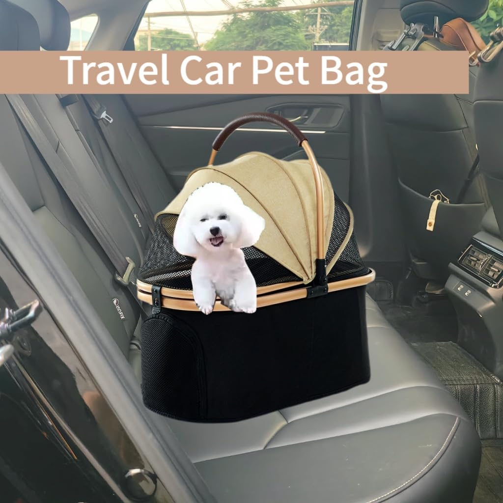 Small Dog Stroller, Gold Lightweight Dog Carriage, Foldable Design with Canopy, Black and Beige Cat Stroller Detachable Carrier Suitable for Car Seat & Hand Carry, Safe Outings