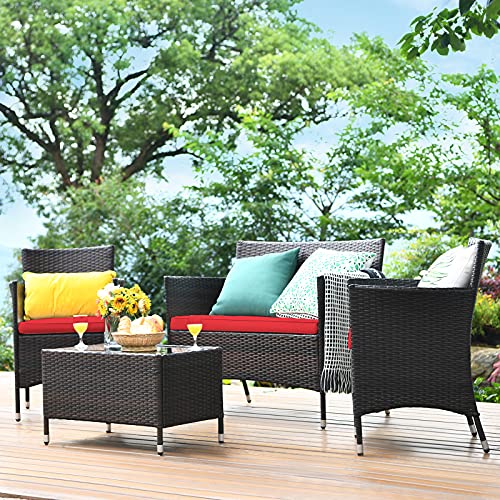 Tangkula 4 Pcs Patio Rattan Conversation Set, Outdoor Wicker Furniture Set With Tempered Glass Coffee Table &Thick Cushion, Rattan Chair Wicker Set For Garden, Lawn, Poolside And Backyard (1, Red) #TOP2
