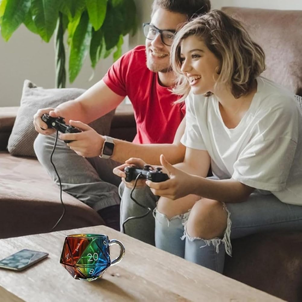 Rainbow D20 Dice Mug, Polyhedral Dice Coffee Cup with Handle, Transparent Glass Game Mug for RPG Lovers, Game Theme Drinkware for Enthusiasts (Rainbow,2pcs)