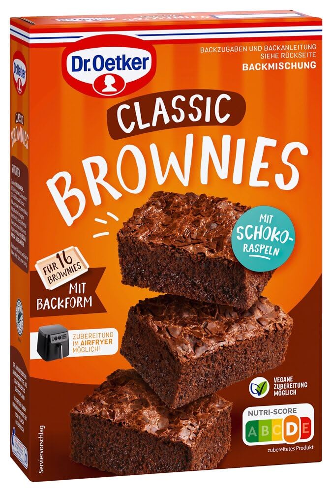 Dr. Oetker Brownies, Backmischung für dunklen Rührteig mit Raspelschokolade zum Zubereiten von 16 Brownies, inkl. praktischer Backform, 1er Pack (1 x 462g)
