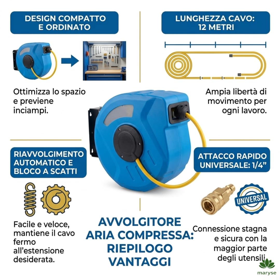 Avvolgitubo Aria Compressa Automatico 12 Metri, Tubo Flessibile in PVC Rinforzato con Attacco Rapido 1/4", Supporto a Parete Girevole 180°, Sistema di Blocco e Riavvolgimento per Officina e Garage