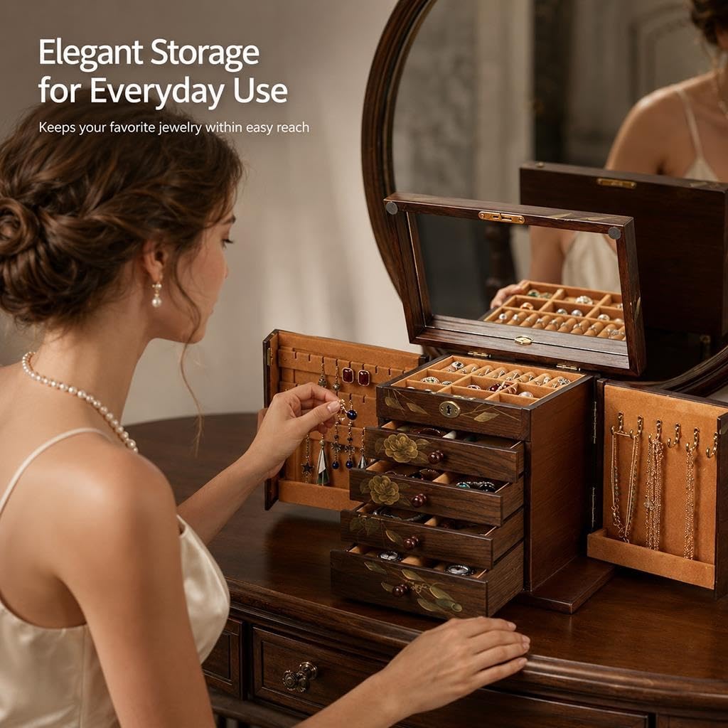Organizer Per Gioielli Vintage Con Specchio, Grande Capacità Con Cassetti