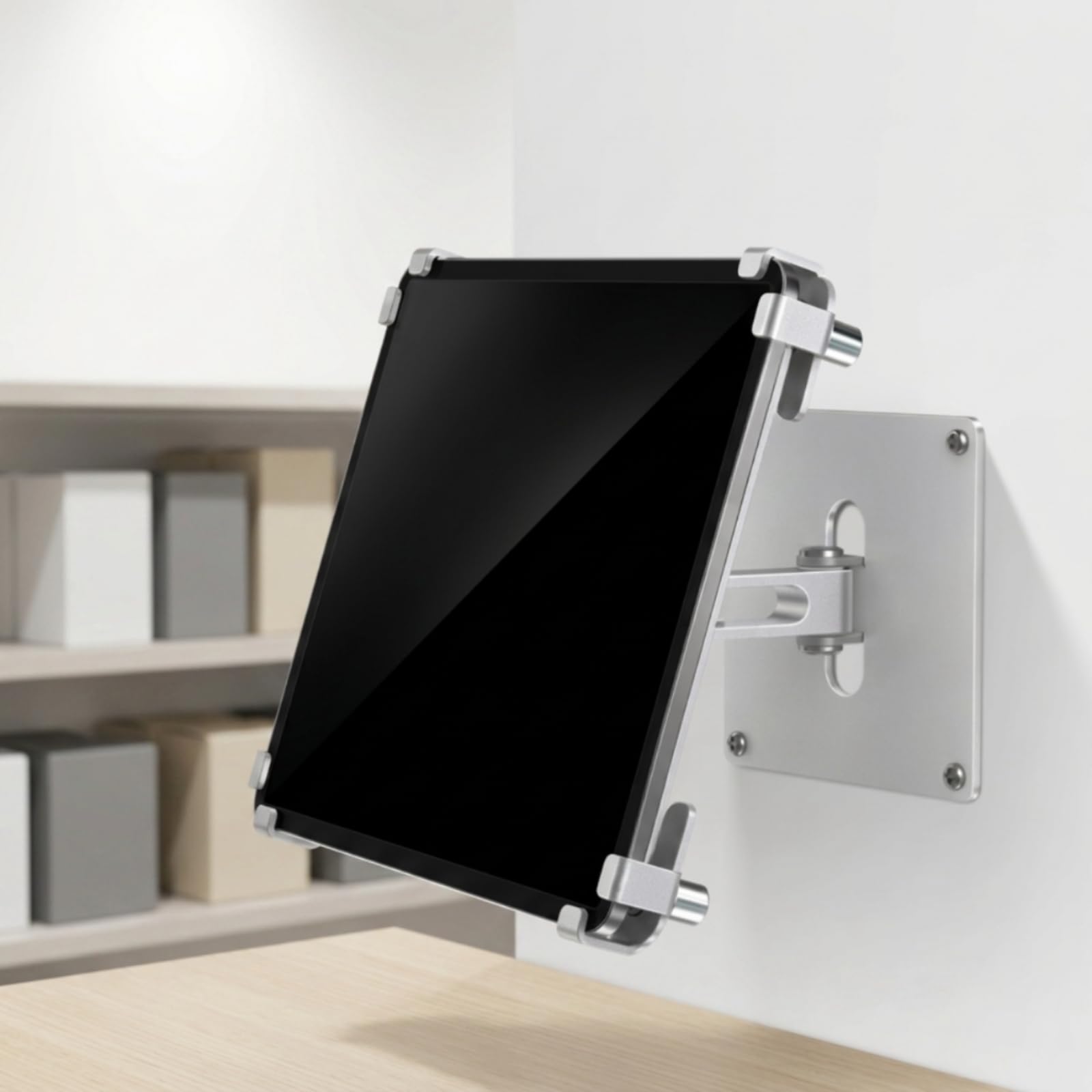 Soporte para Tablet de Pared Brazo Plegable con Rotación Placa con Antirrobo Clips Laterales Cuerpo en Aleación de Aluminio Compatible hasta 13, Plata, 13 Pulgadas