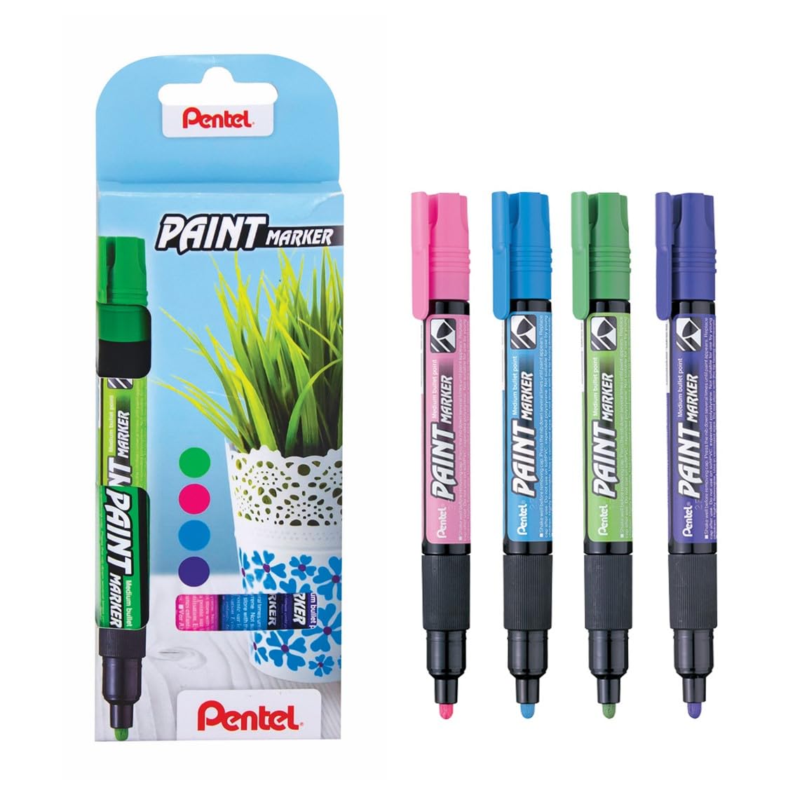 Pentel MMP20-4COL marker permanentny 2 mm, końcówka okrągła 0 mm, jasnozielony/różowy/jasnoniebieski/fioletowy zestaw markerów do lakieru, zestaw DIY, 4 kolory sortowane