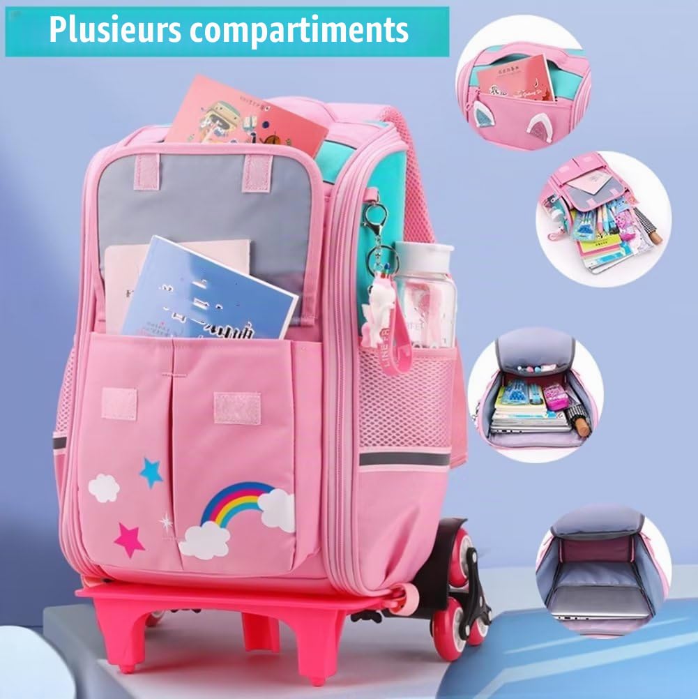 Cartable à roulettes Filles Sac à Dos à roulettes Sac de Voyage à roulettes pour l'école et Les Voyages (Bleu)