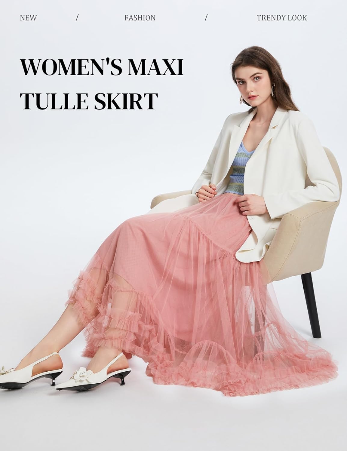 Flygo Women's Maxi Tulle Skirt Long Tiered A Line Mesh Tutu Fairy High Elastic Waist Pleated Layered Skirts - Image 4