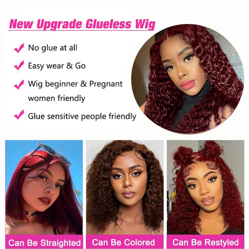 Wear and Go Glueless Wigs Human Hair Pre Plucked Pre Cut 99j Burgundy Lace Front Wigs for Black Women 180 Density Water Wave Bob Wig Colored Human Hair Curly Wig (99j Burgundy Color, 12 Inch)