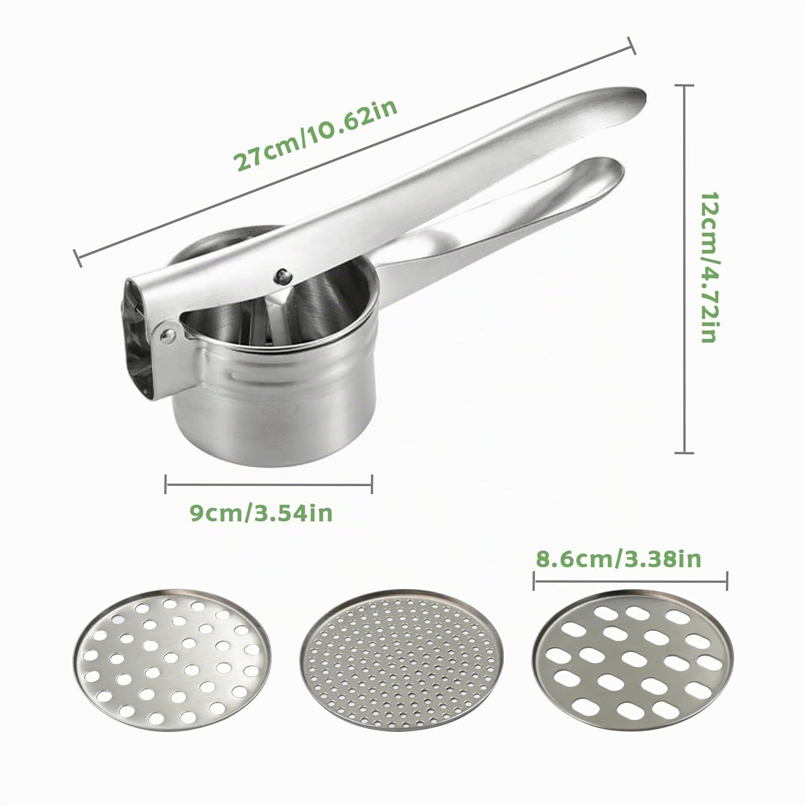 Schiacciapatate Manuale in Acciaio Inox, Professionale Potato Ricer, Pressa per Purè di Patate Liscie, Marmellata, Verdure E Frutta, con 3 colini sostituibili (Fine Medio Grossolano)