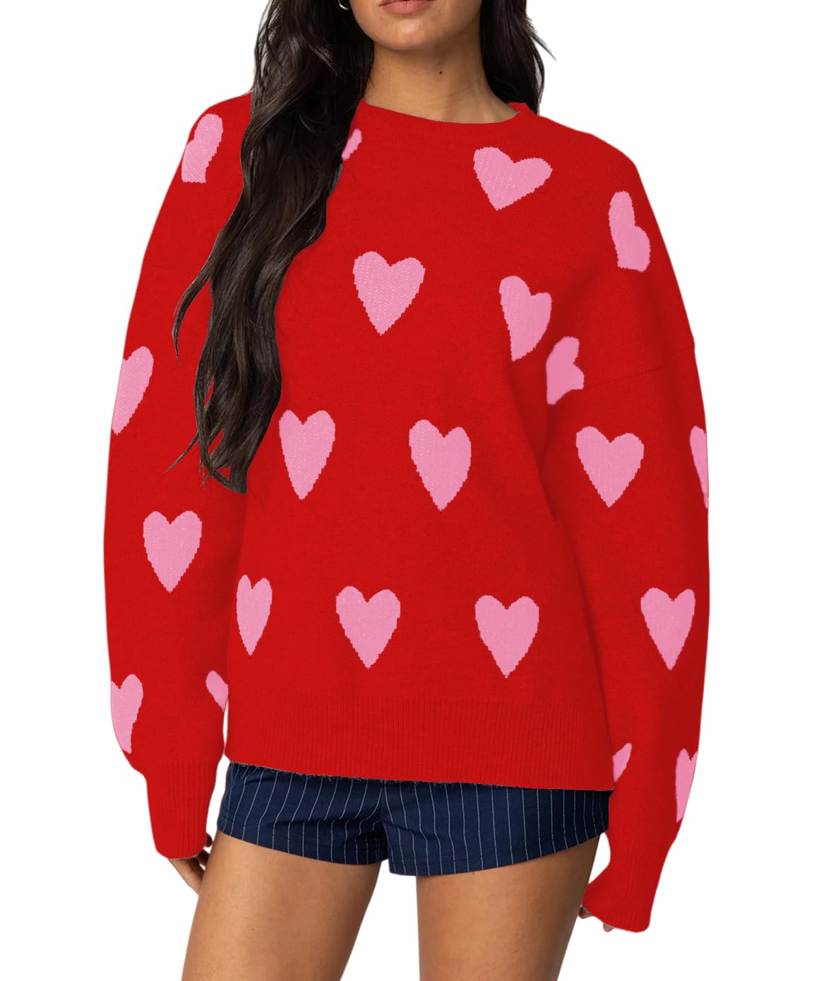Cute Heart Sweater for Women Long Sleeve Crewneck Knitted Pullover Shirt Valentines Love Romantic Sweaters