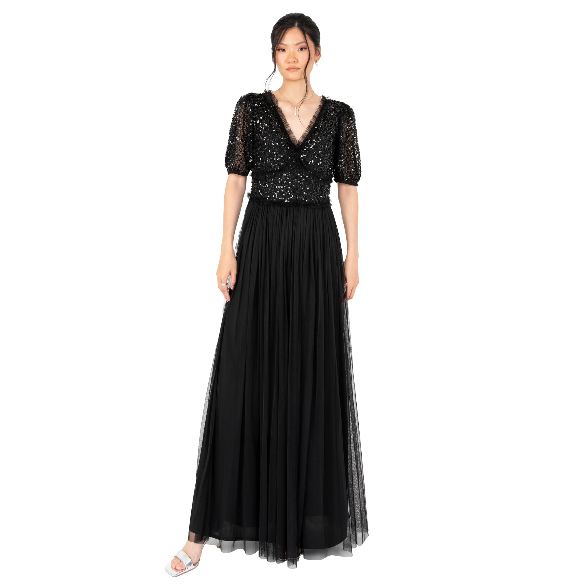 Maya Deluxe Women's Maxi Dress Ladies V-Neck Short Sleeve Sequin Embellished Tulle Ruffle for Wedding Guest Bridesmaid Ball Gown Vestidos, Negro, 38 para Mujer