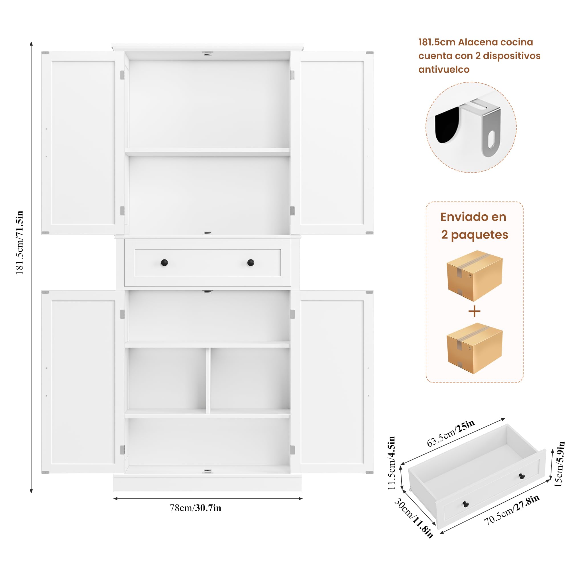 FirFurd Alacena de Cocina, Aparador Cocina, Armario Almacenaje, 5 Estantes | Armario Despensa Cocinas, 4 Puertas, 1 Cajón, para Comedor, Baño, Blanco, 78x40x181,5cm