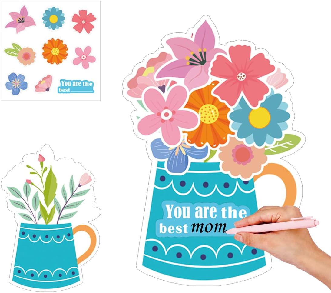 Remerabel 24 Set Happy Mother's Day Flower Crafts with Stickers Make Your Own Flower Bouquet Gift Card You are the Best DIY Handmade Greeting Greeting Cards Set for Classroom