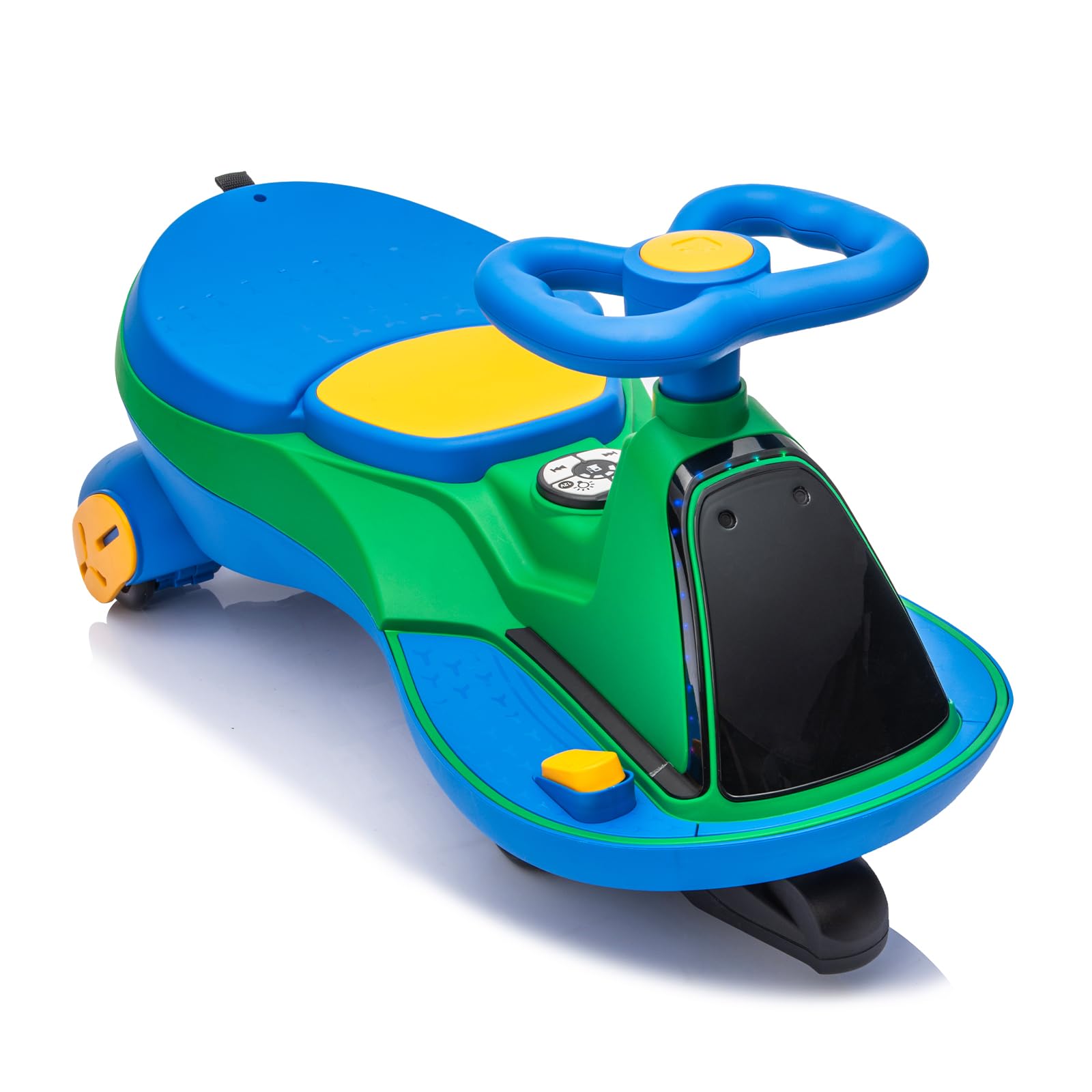 CoolGrows 12V 2-in-1 Electric Wiggle Car w/Bluetooth & Lights, Dual 75W motors, 2 speeds, anti-tip chassis, 2-seater, Bluetooth music, LED lights, quick assemble, for ages 3-5, Green&Blue
