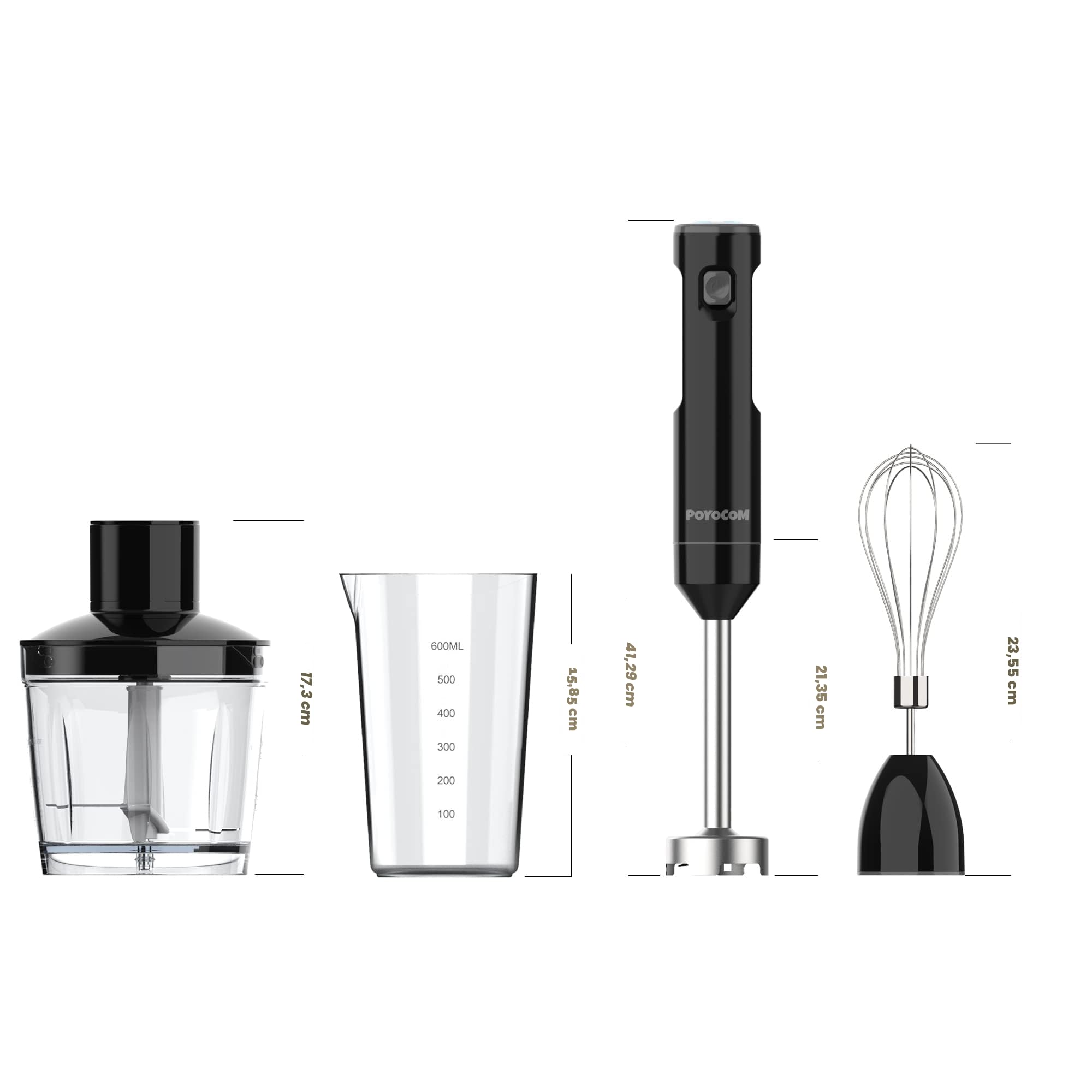 Frullatore a immersione senza fili con tritatutto per frullati e zuppe | Motore senza spazzole, Ricaricabile tramite USB-C, Lunga durata, Tritatutto da 500 ml, Recipiente da 600 ml, Frusta per uova