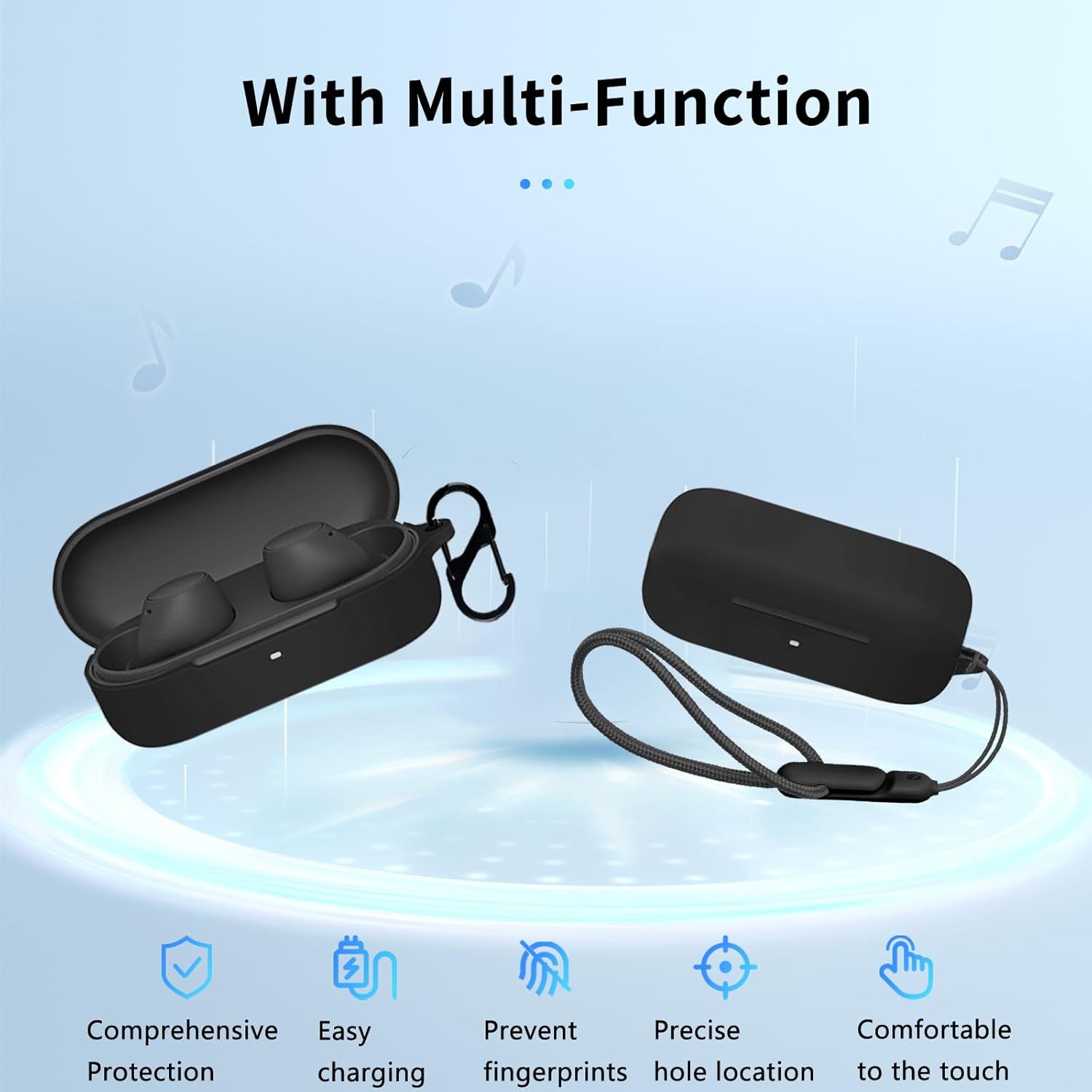 for Sony WF-C510 Case Cover,Wireless Earphone Silicone Protective Cover(with Carabiner + Lanyard) Drop-Proof,Scratch-Proof, Shock-Proof, Reserved Charging Port,Case for WF-C510(Black) - Image 2