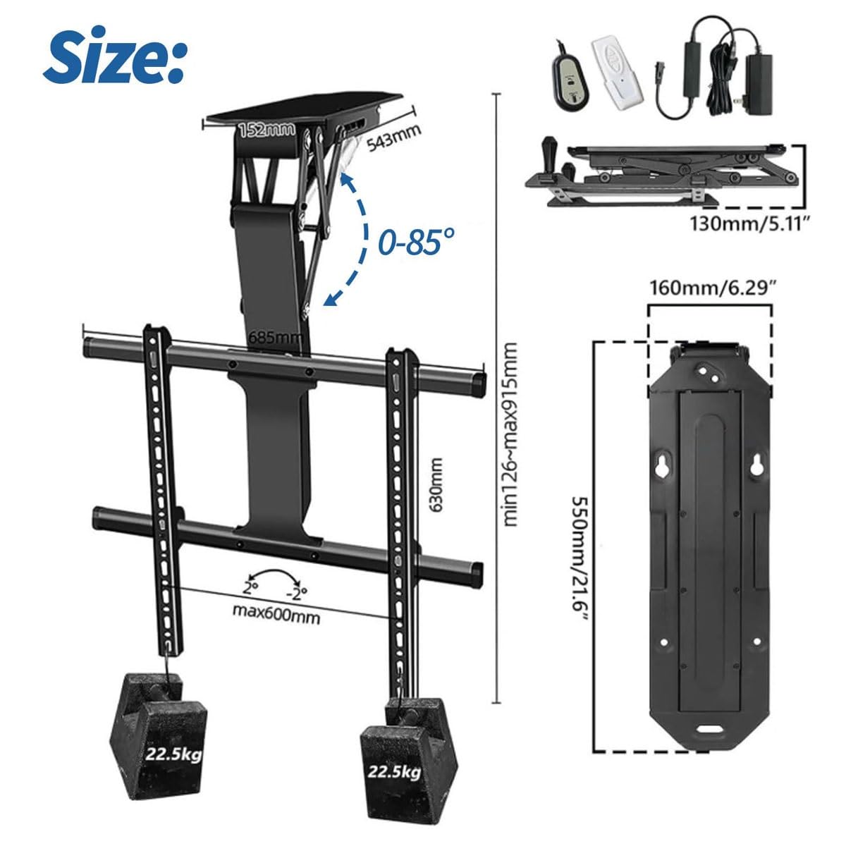 Soporte motorizado de techo para TV con control remoto doble, diseño abatible ajustable para techos planos e inclinados