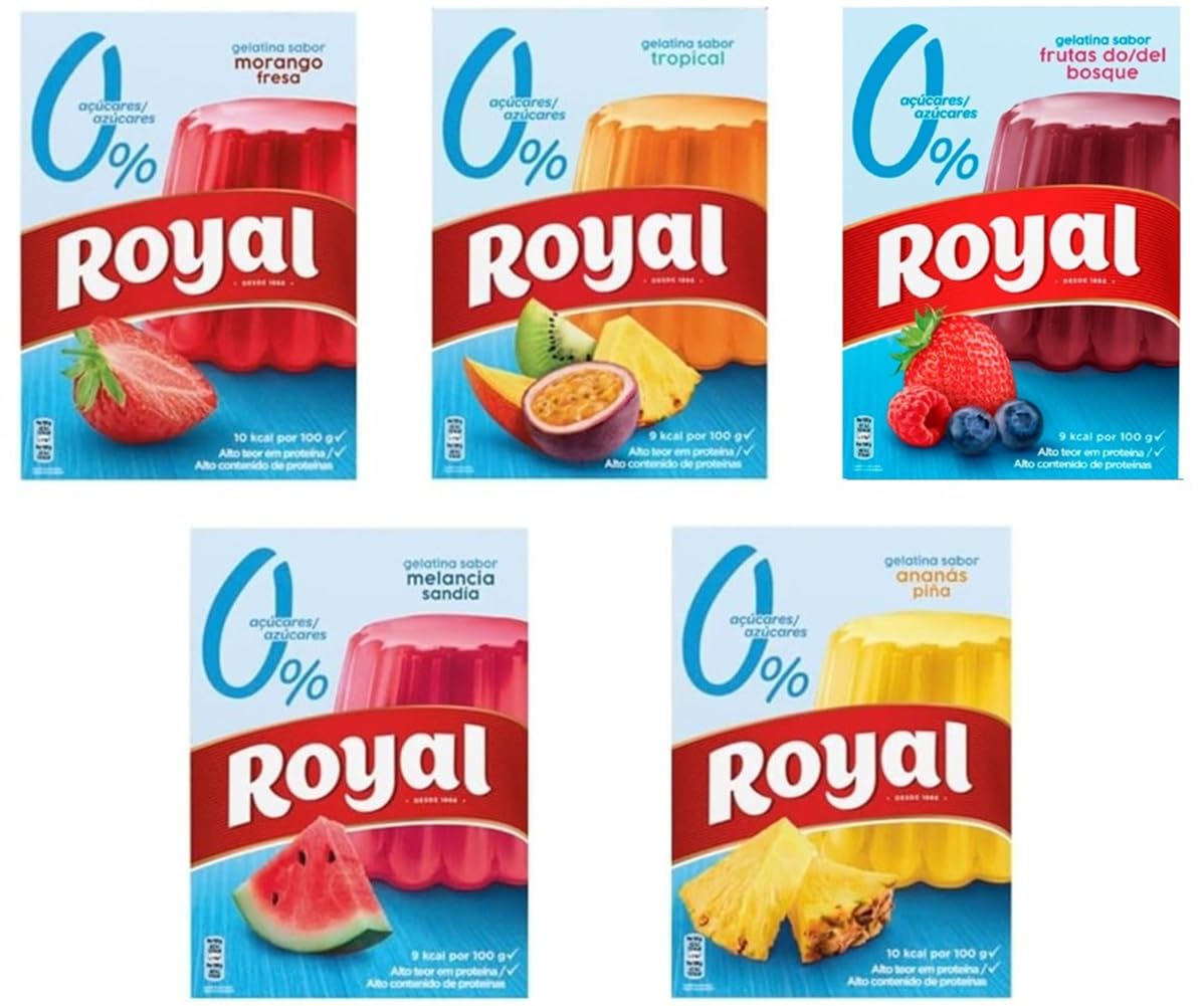 Royal Mix - Gélatine en poudre avec un mélange de saveurs | Fraise | Tropical | Fruits des bois | Pastèque | Ananas - 0% sucres ajoutés | 5 sachets de 31g.