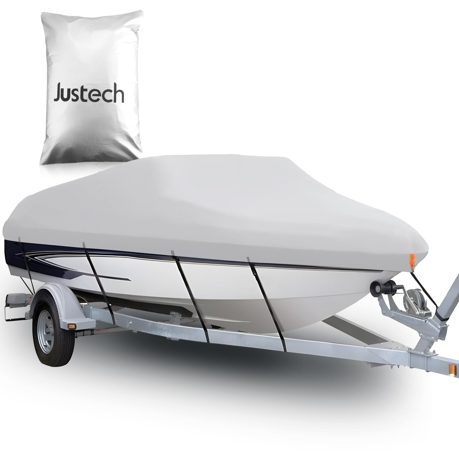 Justech Heavy Duty 600D Waterproof Boat Cover, 17-19 FT Marine Grade Polyester Boat Cover Fits for V-Hull, Tri-Hull, Runabout, Fishing Boat, Silver
