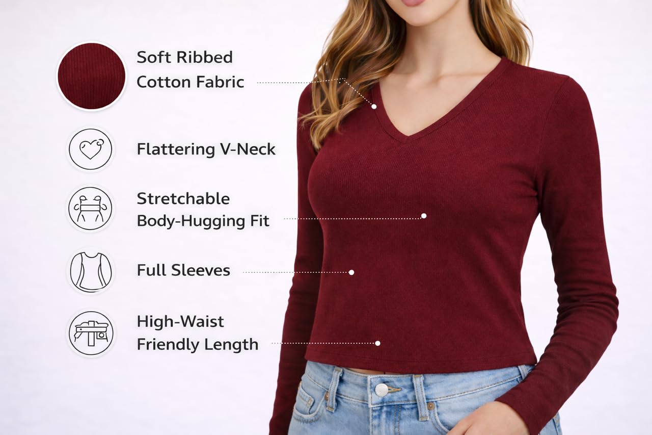 Crop Tops for Jeans partyCotton Ribbed Ribbed Crop Top Full Sleeve V Neck | College Wear |