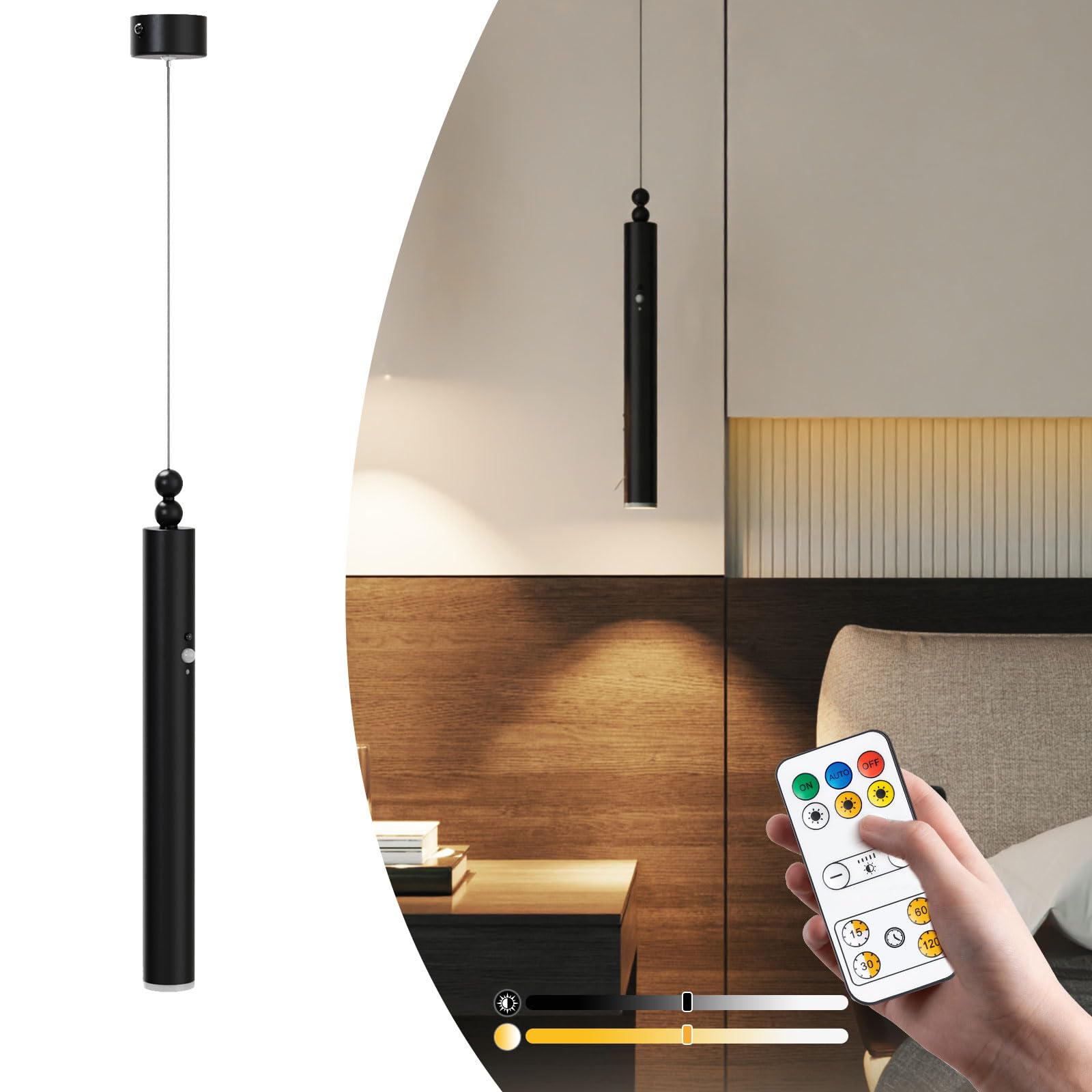 Photo 1 of phwii Battery Operated Pendant Light, Battery Chandelier with Remote Control, Rechargeable Hanging Light Fixture with 4000mAh Battery, 3 Color Dimmable, No Wiring, Idea for Bedroom Kitchen Island