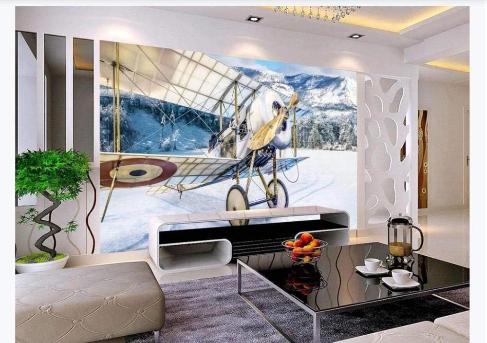 Papier peint 3D avion vintage et montagne enneigée intissé pour salon - 150x105 cm
