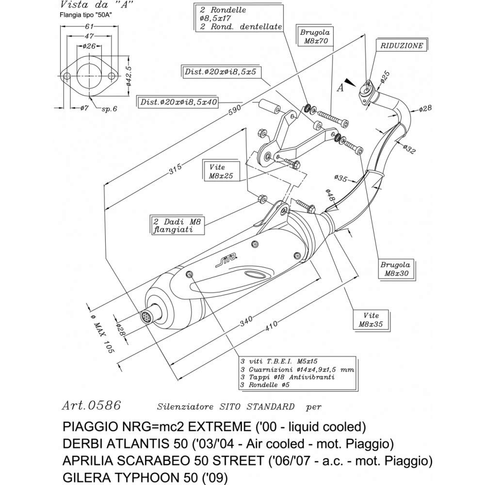 Auspuffanlage LeoVince Komplettanlage SITO, Stahl für Aprilia Scarabeo 50 Street/Derbi Atlantis/Piaggio NRG=mc2 Extreme LC/Typhoon 50