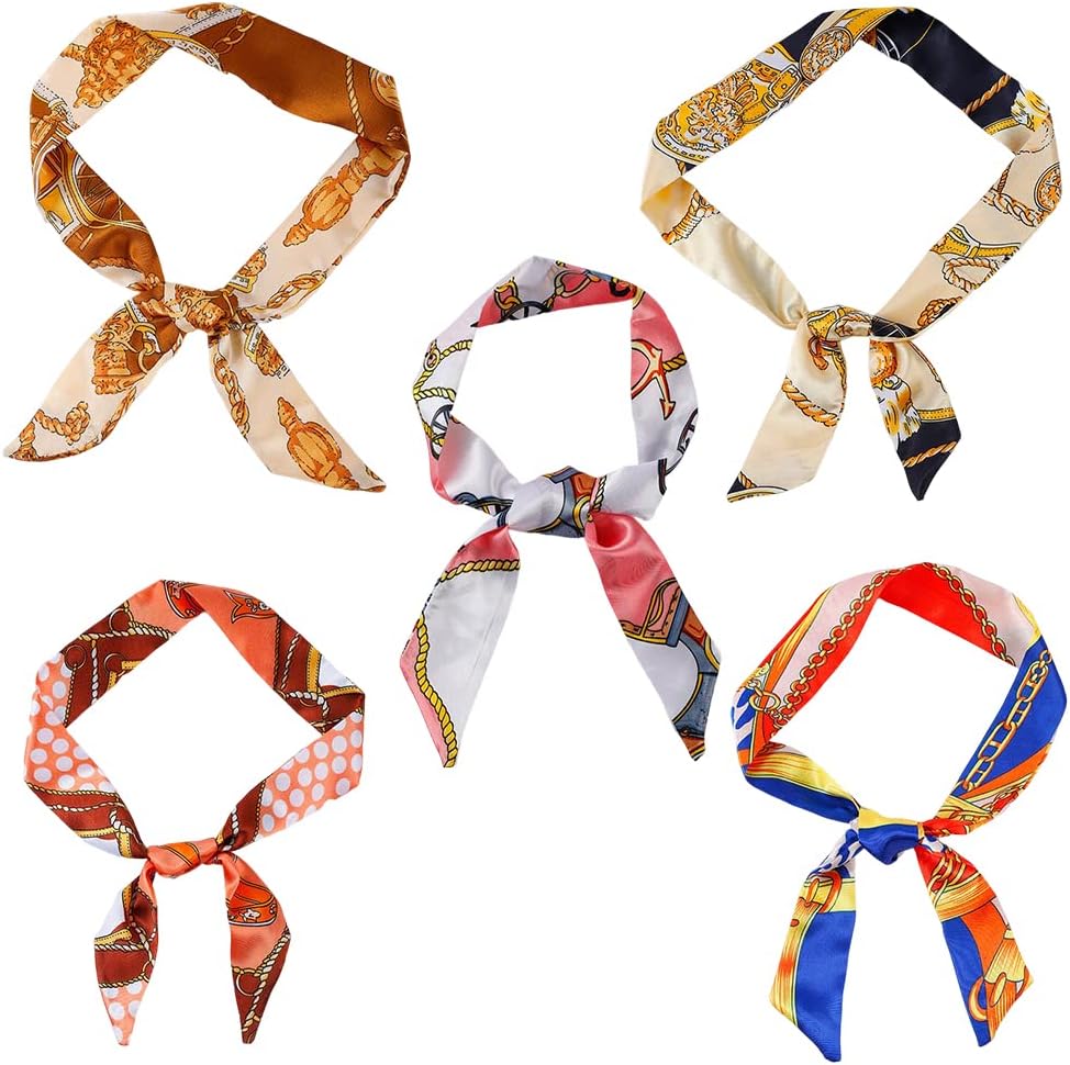 OwvingPurse Scarfs for Handbags Handles Wrap Narrow Ribbon, Skinny Neckerchief Head Hairbands for Women Girl Decoration,5 Pack Retro Classic Scarves