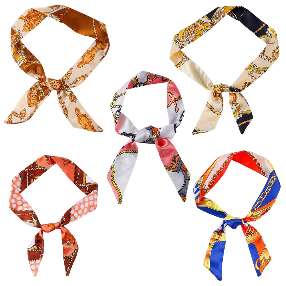 OwvingPurse Scarfs for Handbags Handles Wrap Narrow Ribbon, Skinny Neckerchief Head Hairbands for Women Girl Decoration,5 Pack Retro Classic Scarves