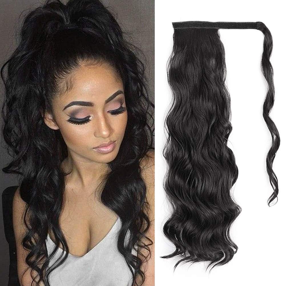 ORSUNCER Ponytail Extension Drawstring Wavy Black Ponytail Extension for Black Women Long Wavy Curly Wrap Ponytail Extension