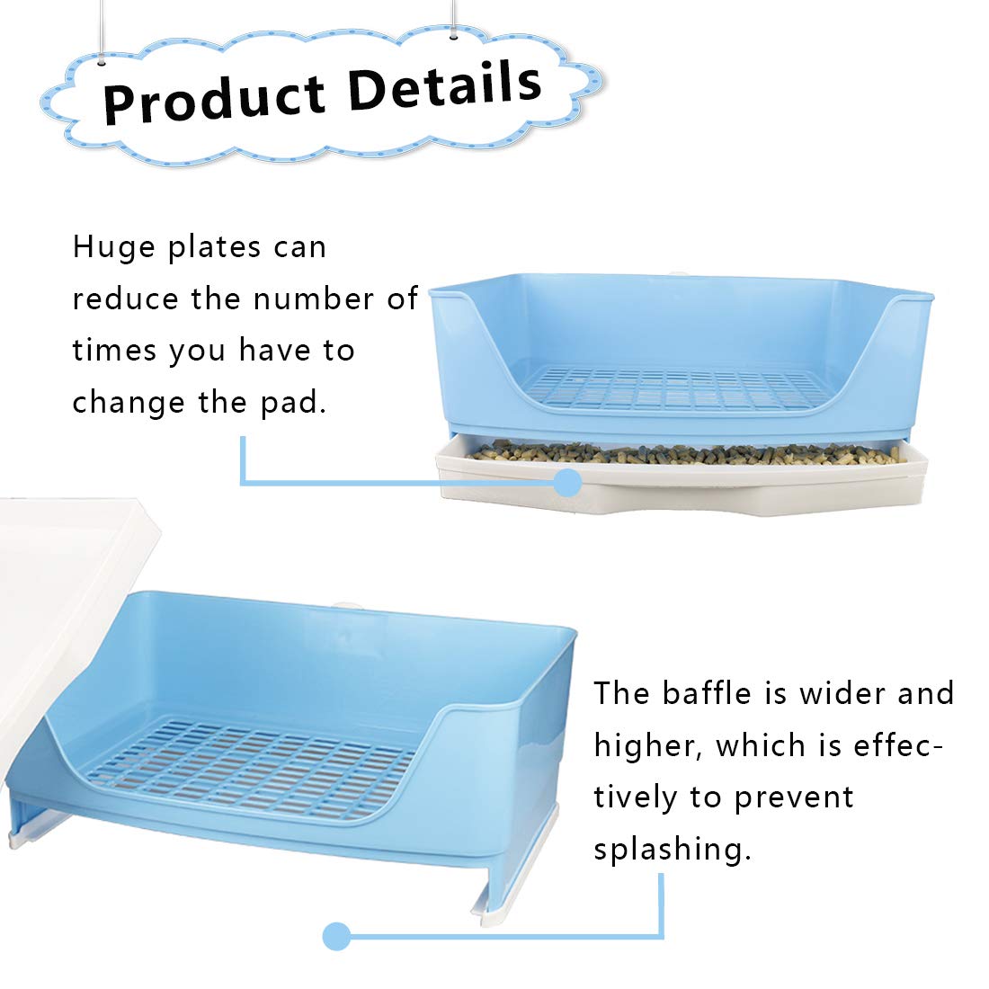 PINVNBY - Caja de arena para conejos de Indias, tamaño grande, para mascotas con cajón, caja de inodoro para perros y conejillos de indias, chinchilla hurón erizo pequeños animales (azul)