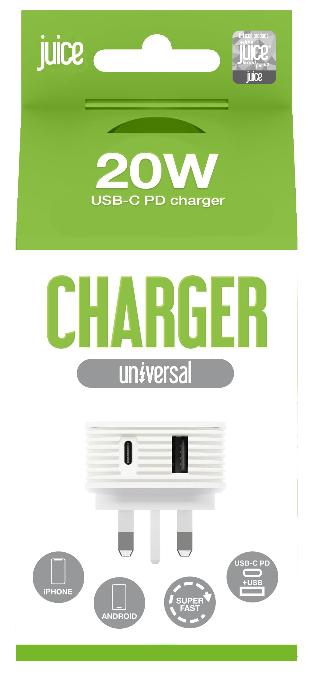 Juice 20W Dual Port USB Charger Plug – Fast Charging Wall Adapter with USB-A & USB-C for Phones, Tablets & Devices – White