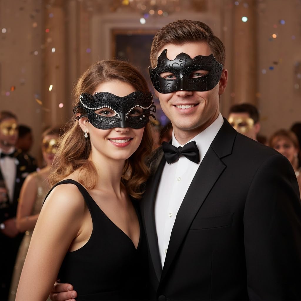 BCARICH Masquerade Masks For Couples, Women Cosplay Mask with Rhinestone and Venetian Style Men Mask for Mardi Gras Halloween
