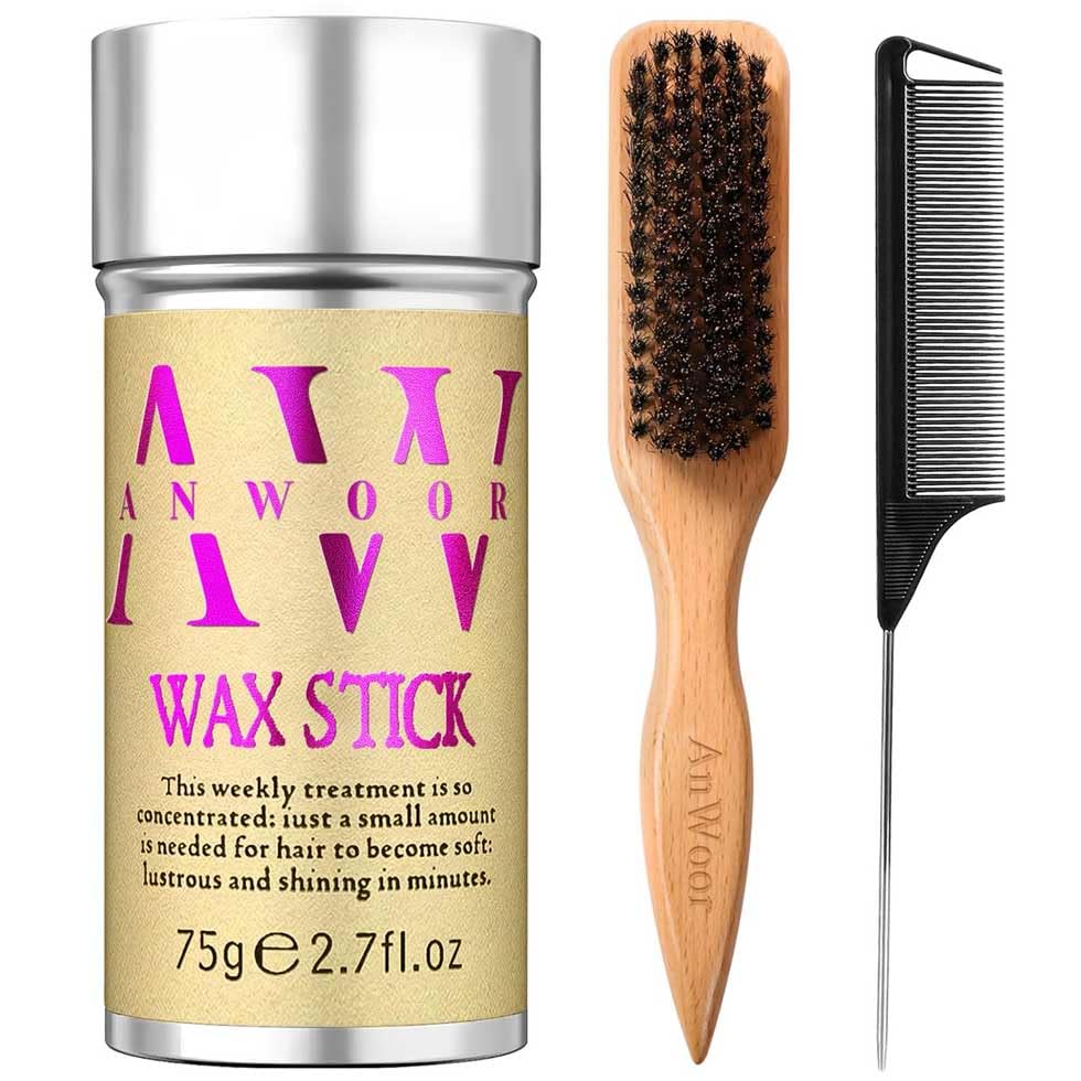 Hair Wax Stick, Natural Boar Bristle Slick Back Hair Brush Set - Gentle Flyaways Control for Women & Kids - 24H Strong Hold, Smooths Baby Hairs Frizz, Sleek Ponytails & Buns - No Greasy Sticky Residue
