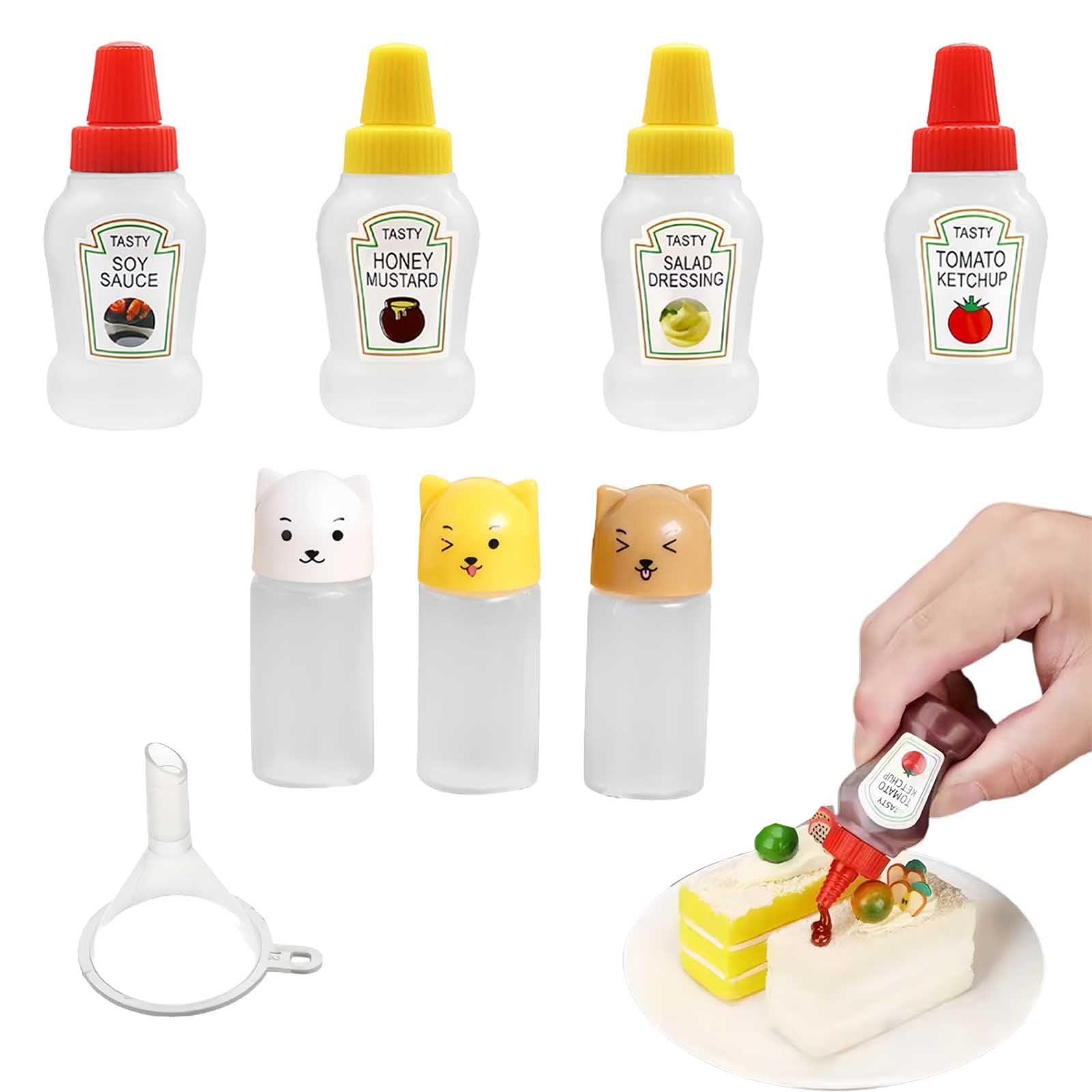 Botellas dispensadoras de condimentos, Set de 7 Botellas de plástico para Salsas, 4 x 25 ml y 3 x 10 ml con Mini Embudo, Tapas Rojas y Amarillas, portátiles para Picnic Oficina Almuerzo