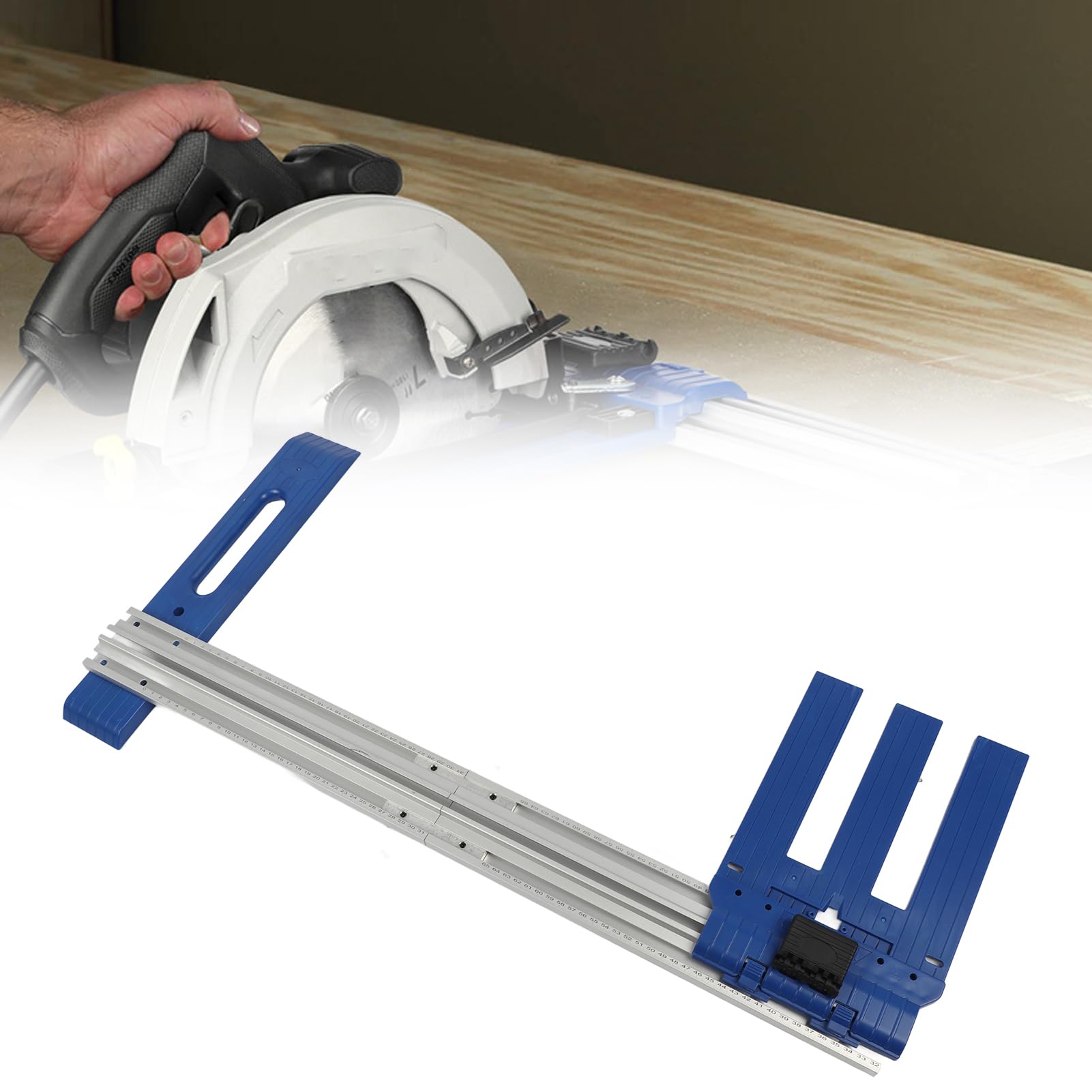 Szyna Prowadząca Noża do Obróbki Drewna dla Stolarza, Zakres Cięcia 0-65 Cm | Regulacja w zakresie 0–65 cm, stop aluminium, przezroczysta skala, jeden klucz stały, gładki podkład, do cięcia piłą
