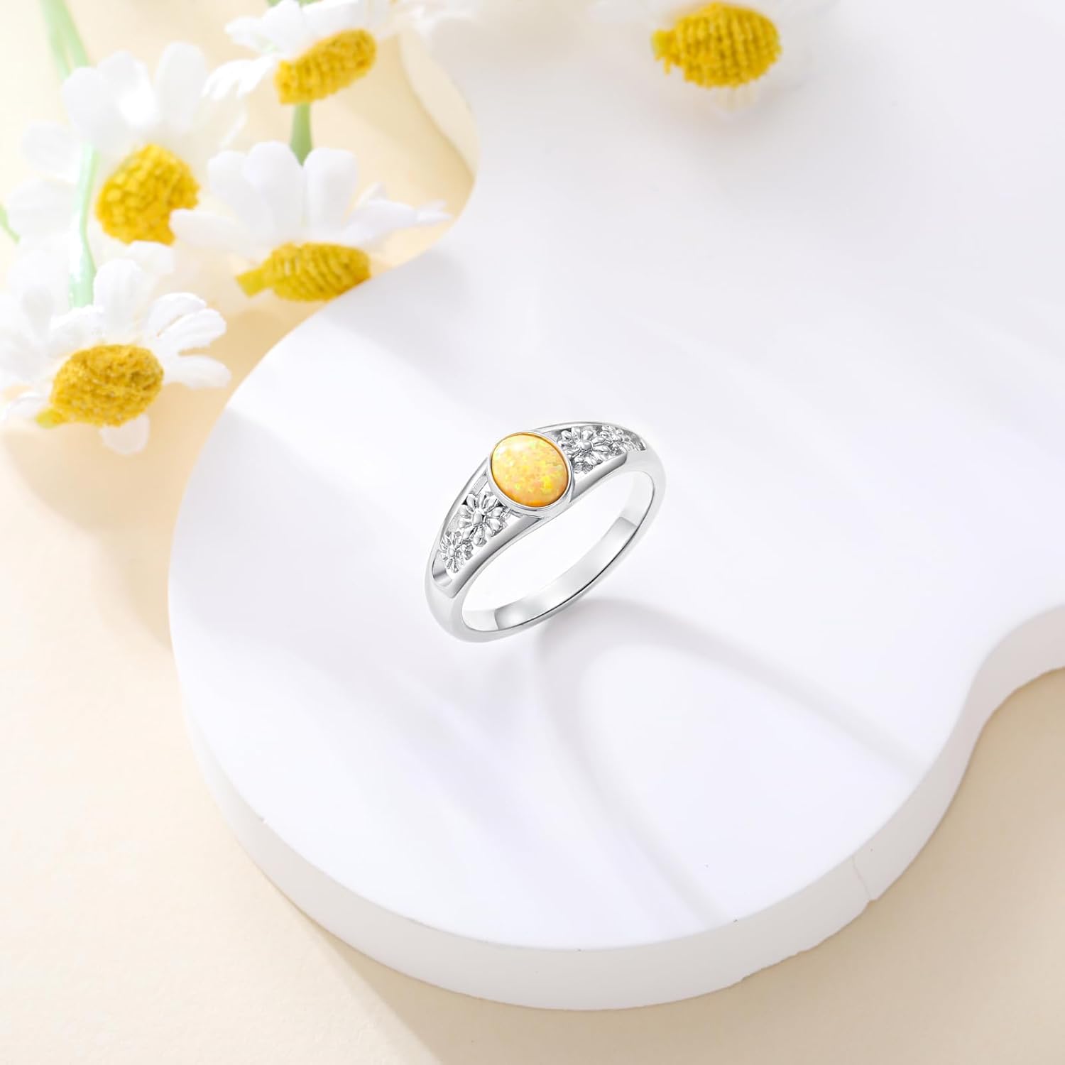 925 Silver Yellow Oval Opal Ring with Daisy-Hollow Design Statement-rings Opal Jewelry Gifts for Women Her(Size5-10) - Image 4