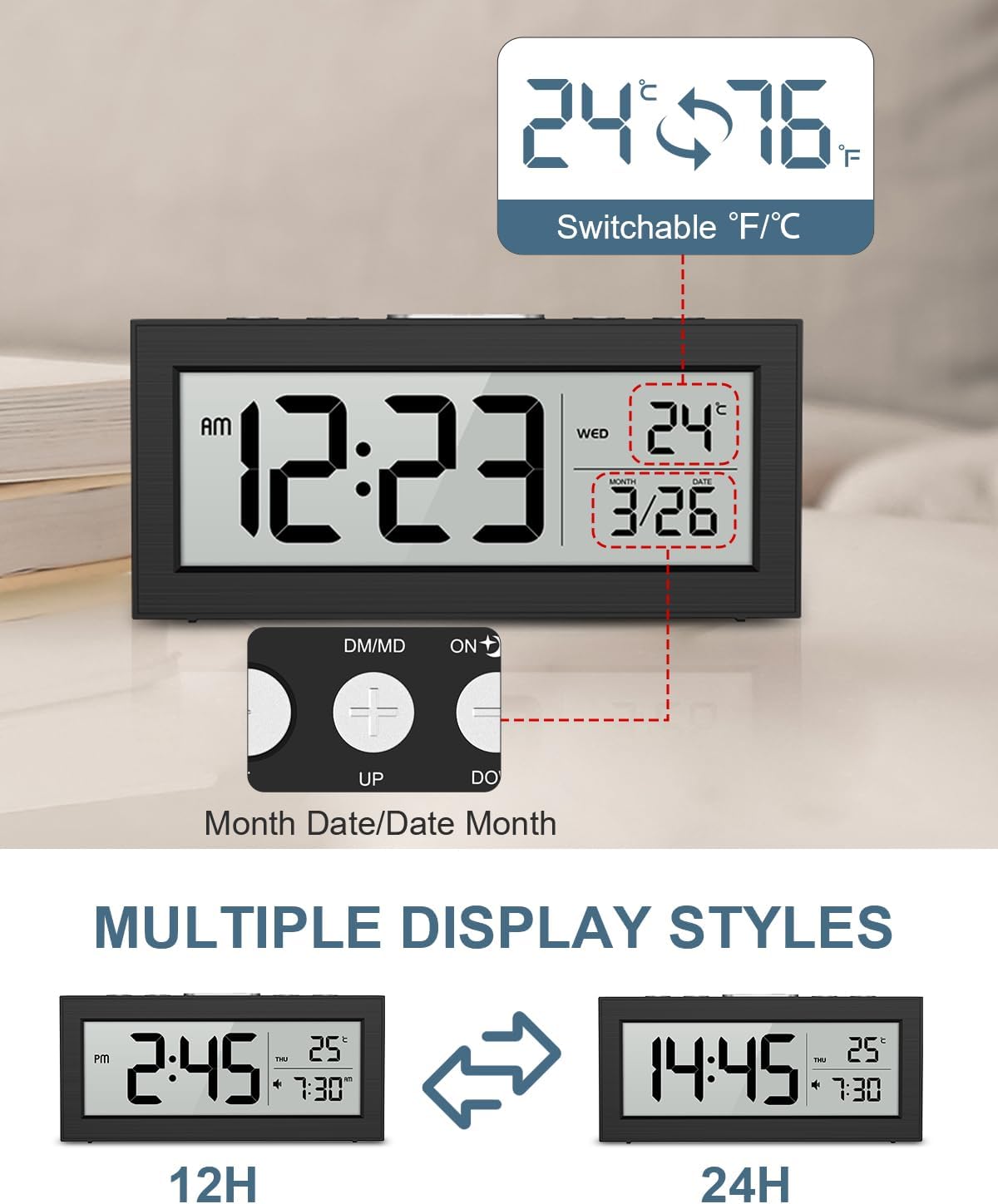 Alarm Clock Battery Operated, LCD Display Digital Clock with Snooze, 12/24H, Auto Dimming & Working Mode, Temperature, Desk Clock for Bedroom, Office, Travel