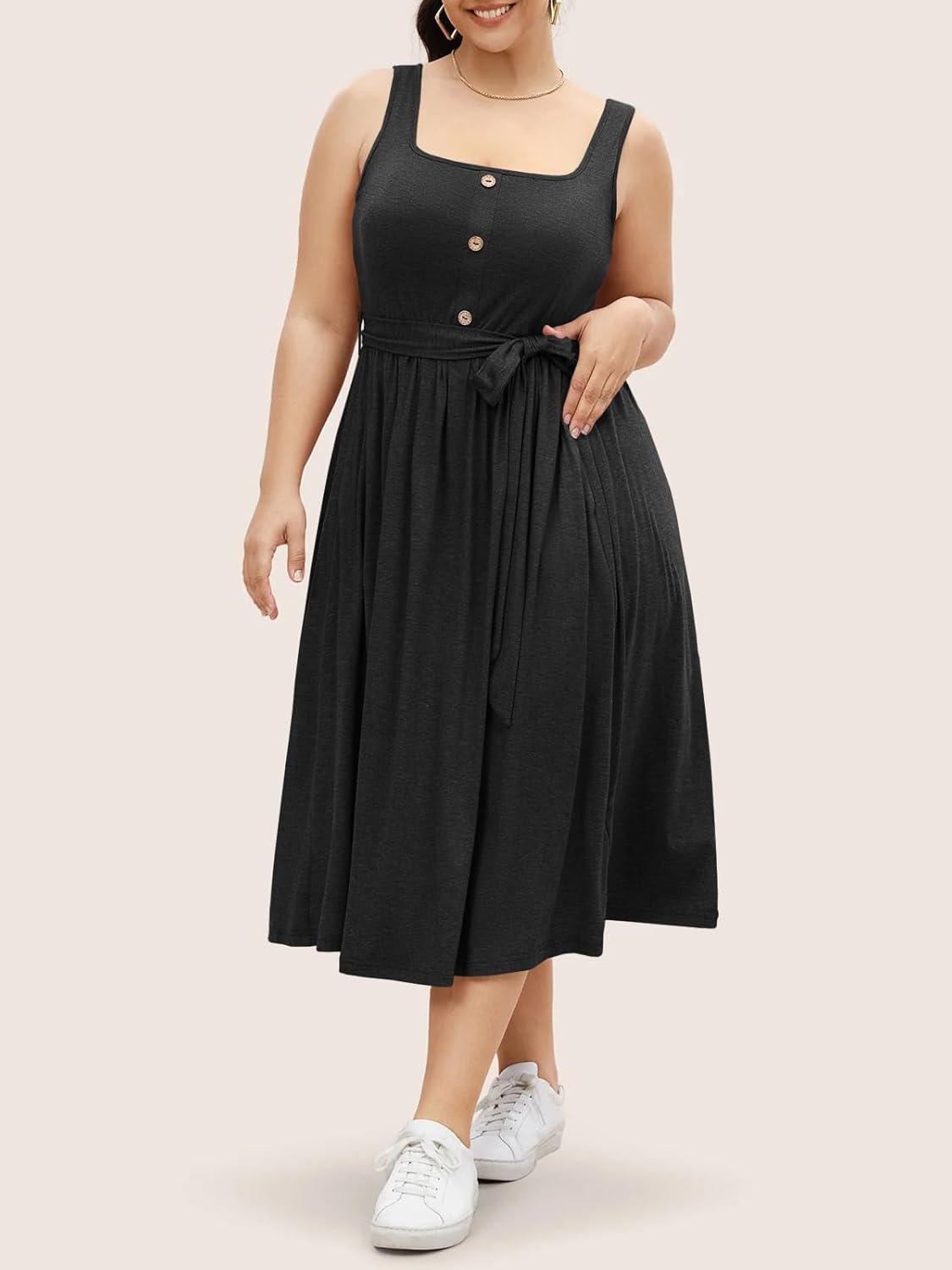 Beautife Women's Plus Size Summer Midi Dress Sleeveless A-Line Square Neck Pleated Belted Tank Dress - Image 4