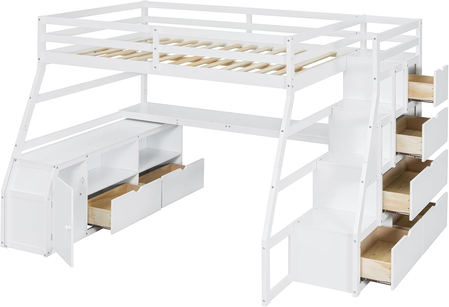 KUIKUI Full Size Bed with Desk, Loft Bed with Desk Underneath and Storage with 7 Drawers and 2 Shelves, White