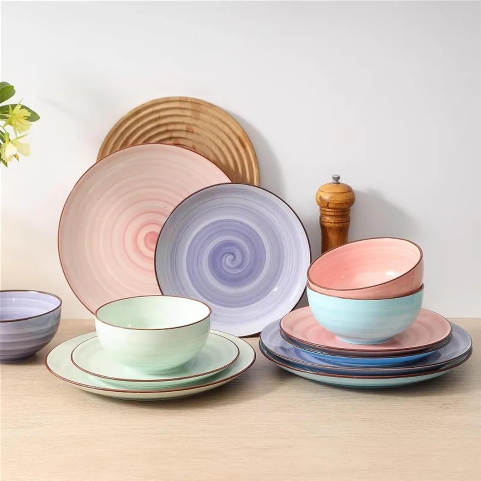Set di posate in ceramica da 12 pezzi, piatto da insalata e dessert (blu sfumato - 12)