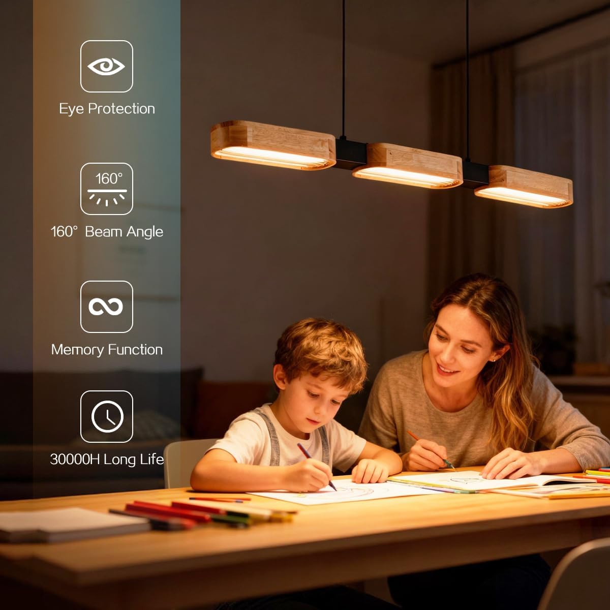 Suspension Luminaire pour Salle à Manger, L90xH100cm, avec Télécommande, 25W 2500lm, Dimmable 3000-6500K, Mode Veilleuse, Mémoire & Minuterie, Lustre LED en Bois pour Salon, Cuisine et Chambre