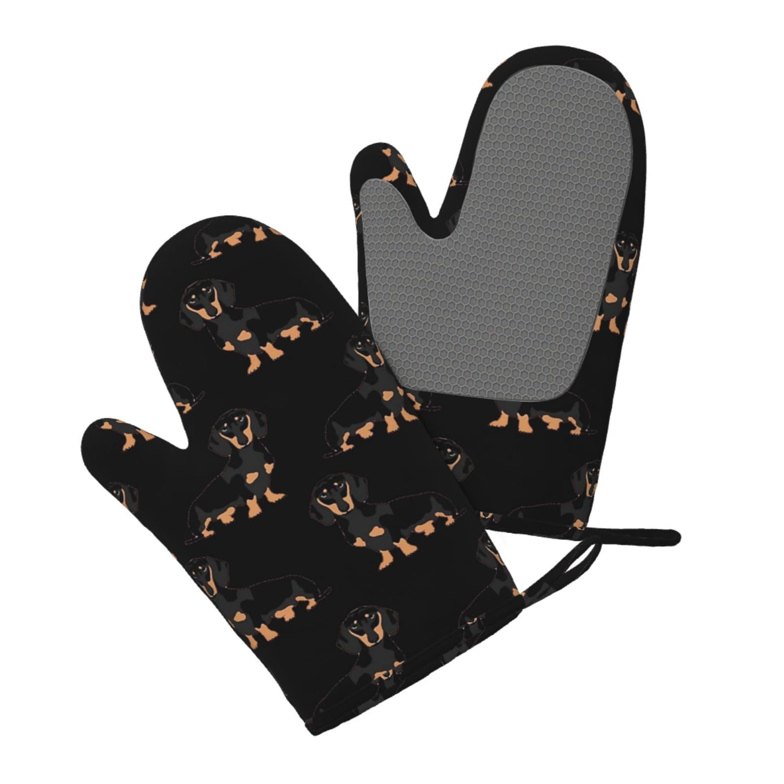 Silicone Oven Mitts Set 2PCS, Dachshund Weiner Pet Dogs Printed Heat Resistant Non-Slip Silicone Oven Gloves for Kitchen Cooking Baking Microwave