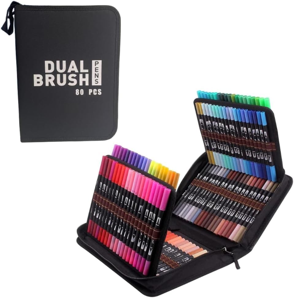 Kit Canetinhas Coloridas 80 Cores com Pontas Duplas | Conjunto Canetas para Colorir Bobbie Goods Dual Brush para Desenho e Colorir | Ponta Fina + Pincel | Tinta Permanente à Prova d’Água.