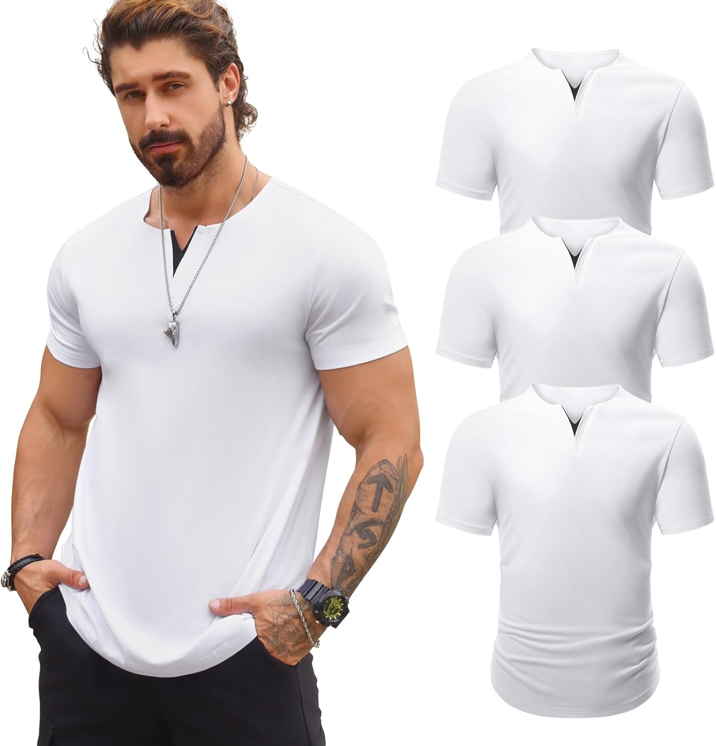 Mens V-Neck T Shirts Casual Fashion Longline Shirt Tee for Men