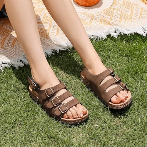 Womens Cork Footbed Sandals With Back Strap, Men Adjustable Buckle Slip-On Slingback Slides Sandals Suede Memory Foam Comfortable Non Slip Beach Slippers for Summer Shoes Footwear 6