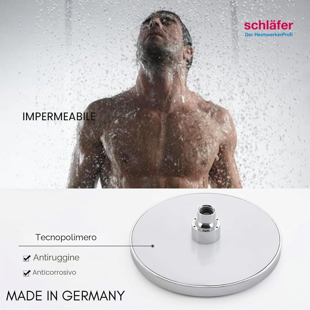 Schläfer 136010 | Soffione Doccia Tondo Ø 20cm, Soffione Doccia Anticalcare con Getto a Pioggia ad Alta Pressione in Abs, Snodo Girevole Universale G 1/2"